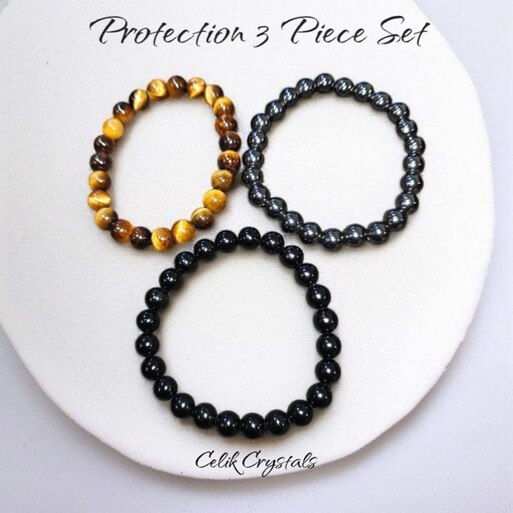 3 Piece Protection Bracelet Set Tiger Eye Hematite Black Tourmaline 8mm Unisex - Picture 2 of 6